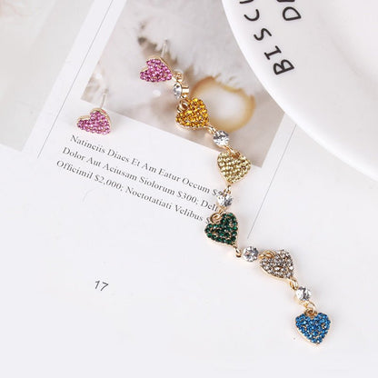 Korean Fashion Asymmetric Colorful Crystal Love Earrings Drop Earrings Female Long Tassel Earrings-Jewearrings