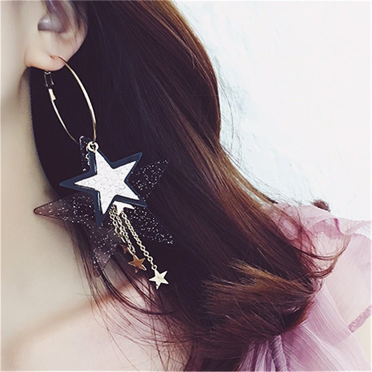 Korean Fashion Design Exaggerated Multiple Diamond Sequins Five-pointed Stars Tassel Big Circle Earrings-Jewearrings