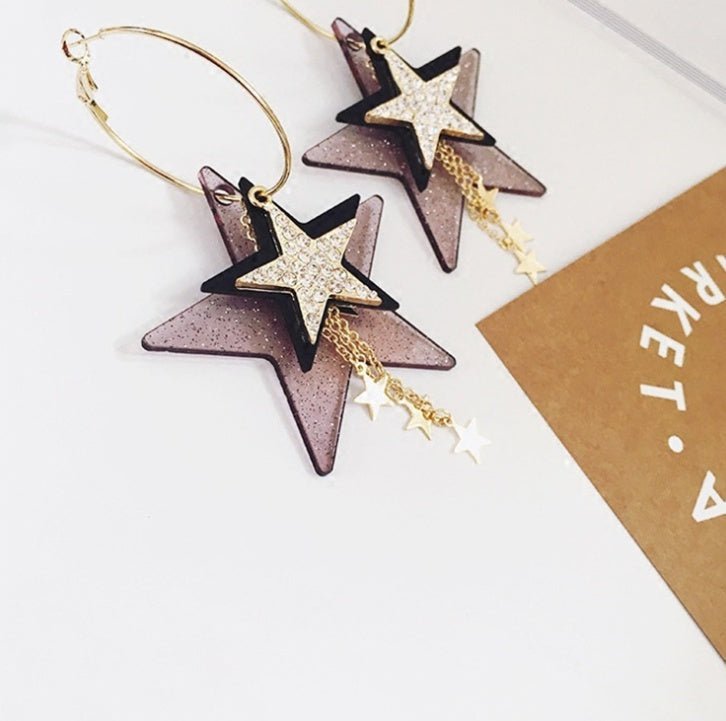 Korean Fashion Design Exaggerated Multiple Diamond Sequins Five-pointed Stars Tassel Big Circle Earrings-Jewearrings