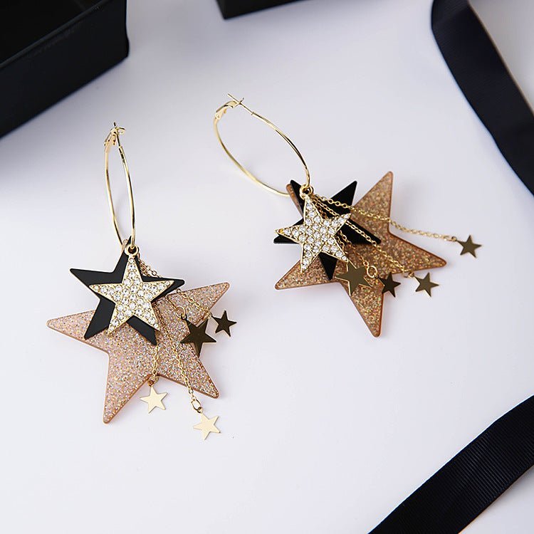 Korean Fashion Design Exaggerated Multiple Diamond Sequins Five-pointed Stars Tassel Big Circle Earrings-Jewearrings