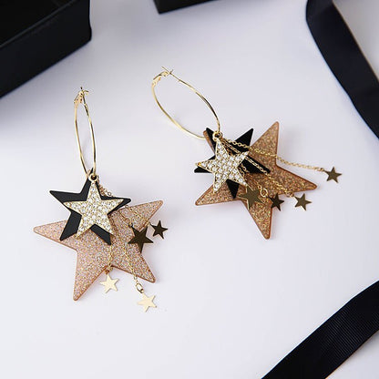 Korean Fashion Design Exaggerated Multiple Diamond Sequins Five-pointed Stars Tassel Big Circle Earrings-Jewearrings