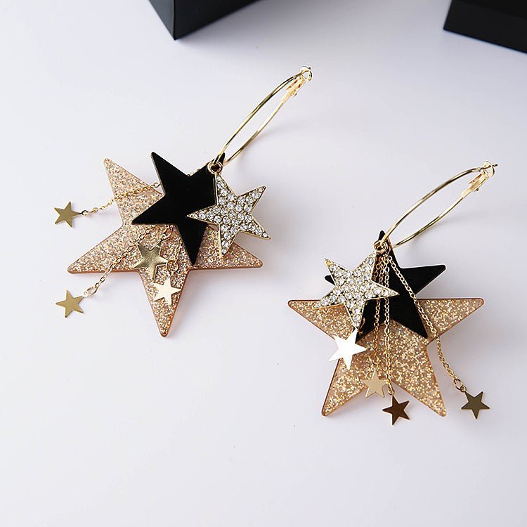 Korean Fashion Design Exaggerated Multiple Diamond Sequins Five-pointed Stars Tassel Big Circle Earrings-Jewearrings