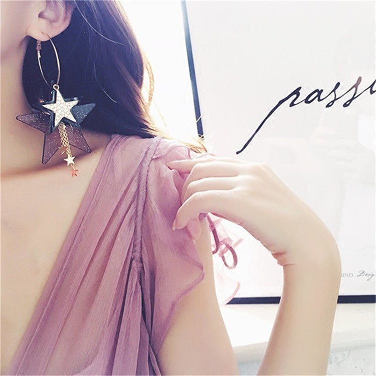 Korean Fashion Design Exaggerated Multiple Diamond Sequins Five-pointed Stars Tassel Big Circle Earrings-Jewearrings