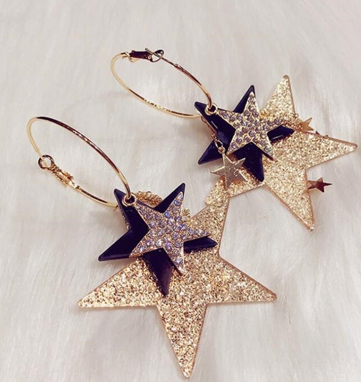 Korean Fashion Design Exaggerated Multiple Diamond Sequins Five-pointed Stars Tassel Big Circle Earrings-Jewearrings