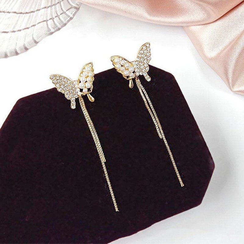 Korean Fashion Diamond Pearl Butterfly Earrings Long Tassel-Jewearrings