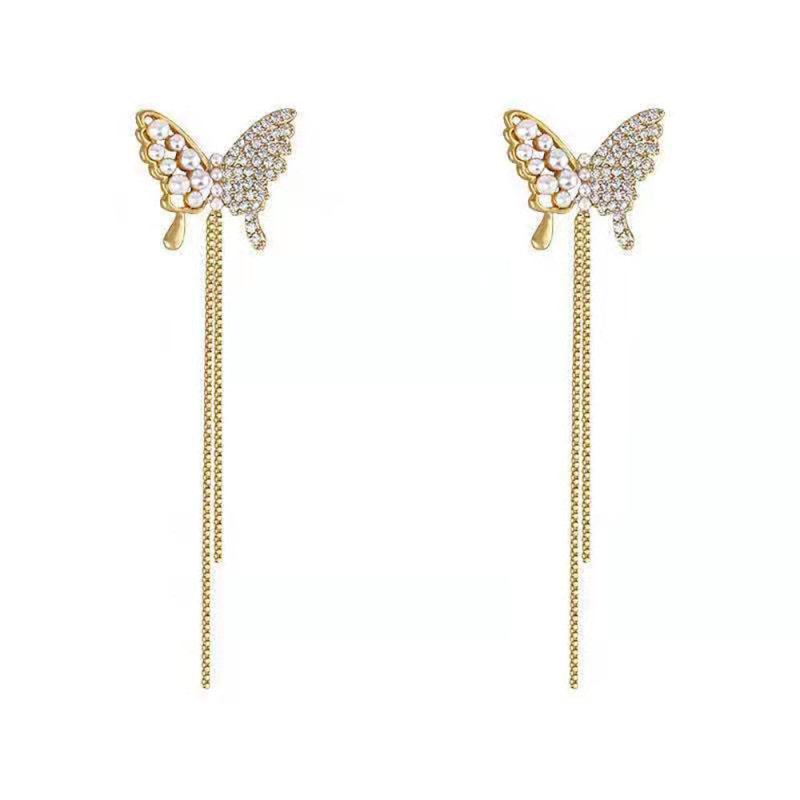 Korean Fashion Diamond Pearl Butterfly Earrings Long Tassel-Jewearrings