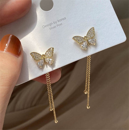 Korean Fashion Diamond Pearl Butterfly Earrings Long Tassel-Jewearrings