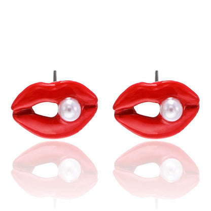 Korean Fashion Jewelry Female Red Lips Inlaid Pearl Big Mouth Earrings-Jewearrings