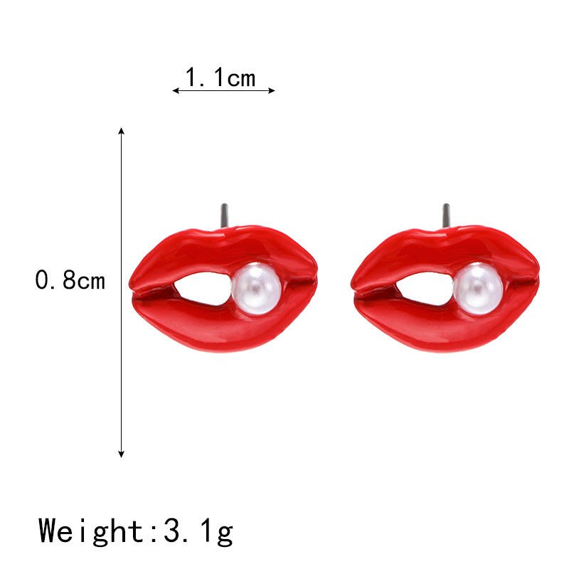 Korean Fashion Jewelry Female Red Lips Inlaid Pearl Big Mouth Earrings-Jewearrings