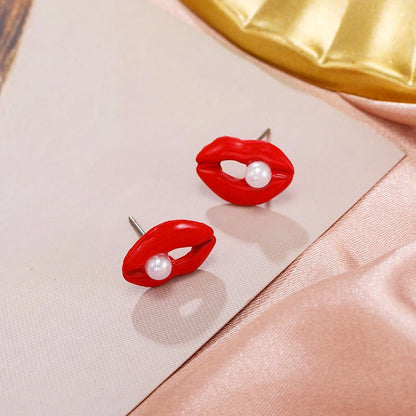 Korean Fashion Jewelry Female Red Lips Inlaid Pearl Big Mouth Earrings-Jewearrings