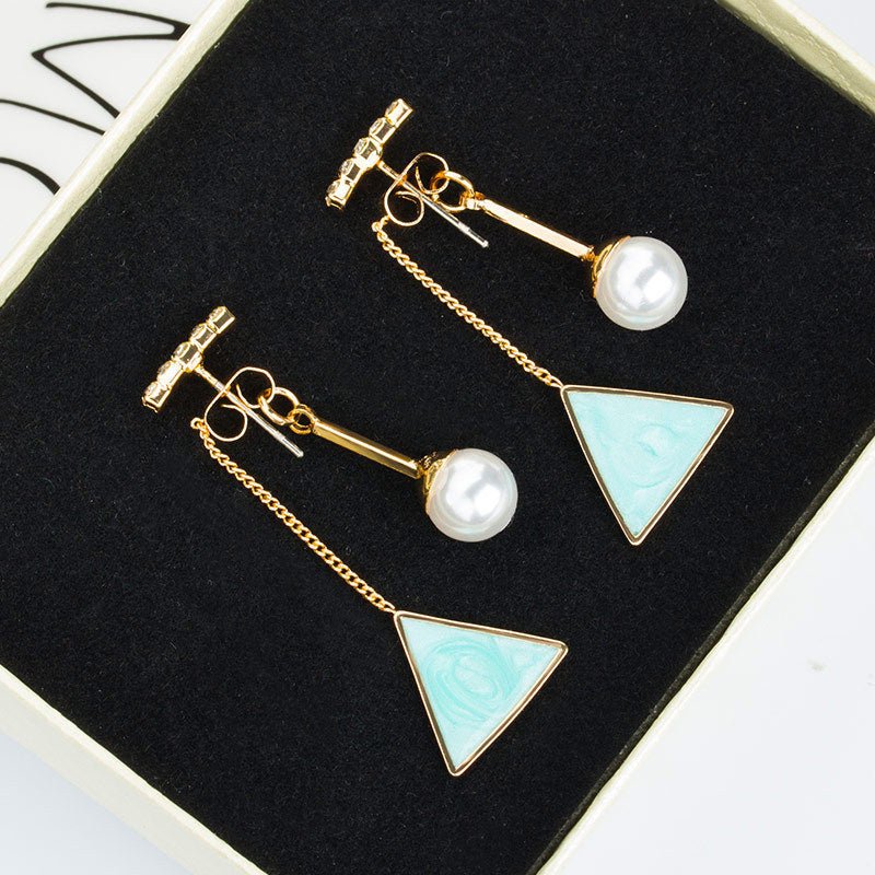 Korean Fashion Word Diamond Pearl Triangle Stud Earrings-Jewearrings