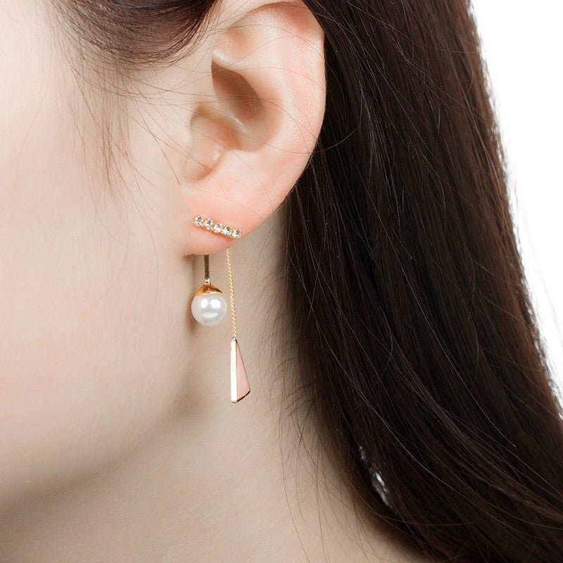 Korean Fashion Word Diamond Pearl Triangle Stud Earrings-Jewearrings