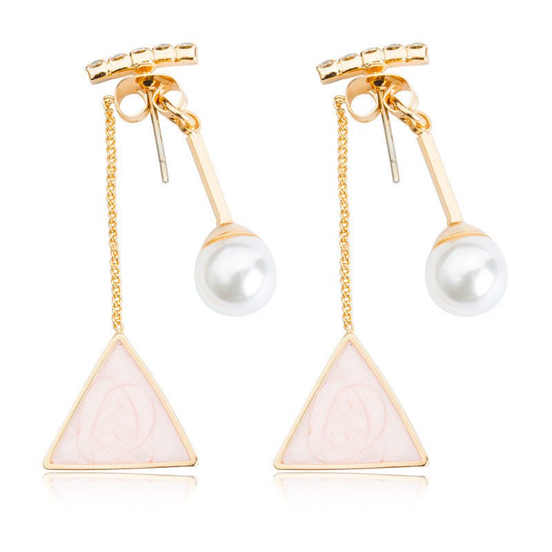 Korean Fashion Word Diamond Pearl Triangle Stud Earrings-Jewearrings