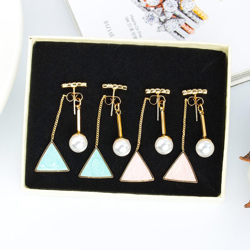 Korean Fashion Word Diamond Pearl Triangle Stud Earrings-Jewearrings