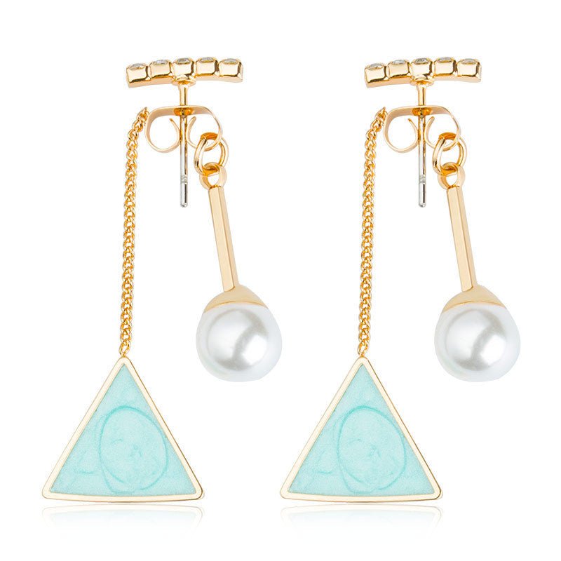 Korean Fashion Word Diamond Pearl Triangle Stud Earrings-Jewearrings