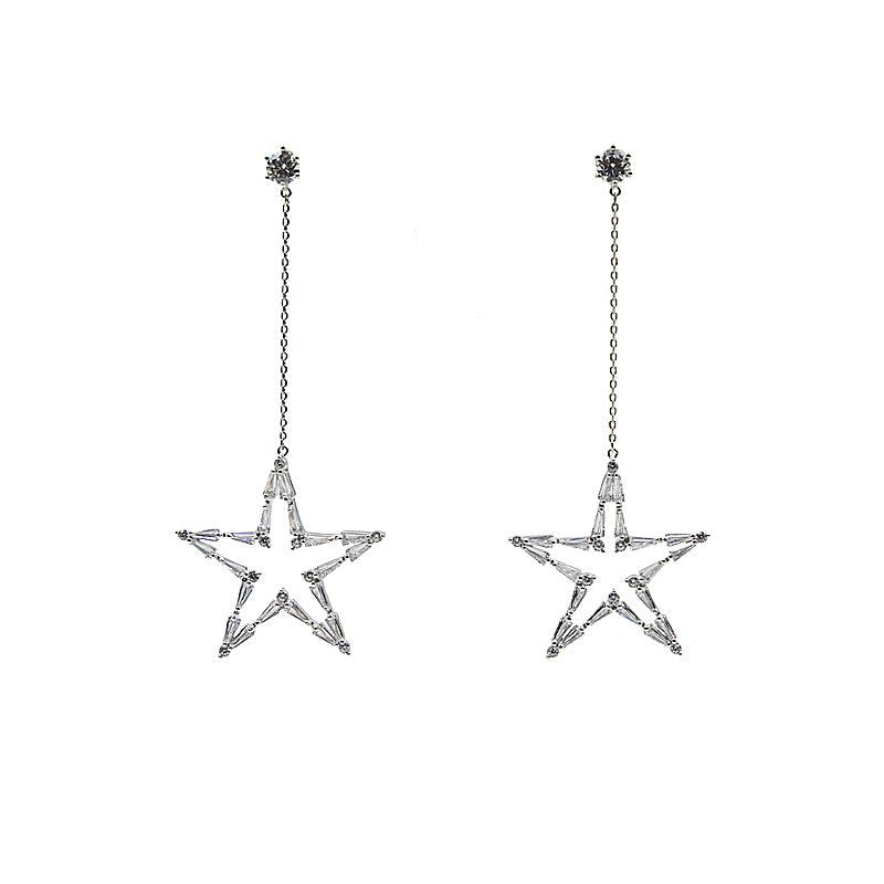 Korean Style Long Tassels All-Match Diamond Hollow Five-Pointed Star S925 Silver Needle Earrings Earrings Dinner Accessories-Jewearrings