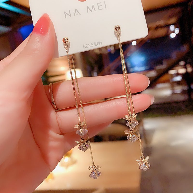 Korean Temperament Crystal Tassel Two Wear 925 Silver Needle Stud Earrings Long Super Fairy Earrings-Jewearrings