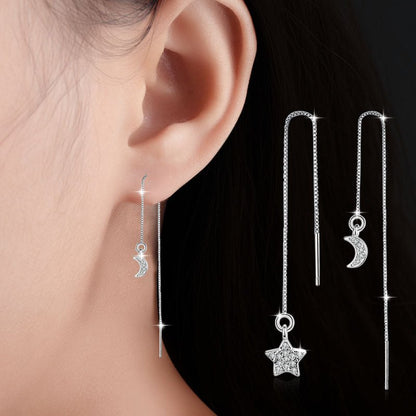 Korean Version Of Diamond-studded Long Asymmetrical Star And Moon Tassel Earrings Earrings Earrings-Jewearrings