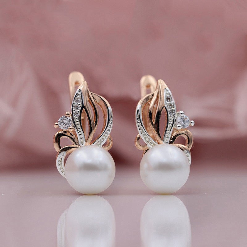 Ladies Flame Rose Gold Shell Pearl Earrings-Jewearrings