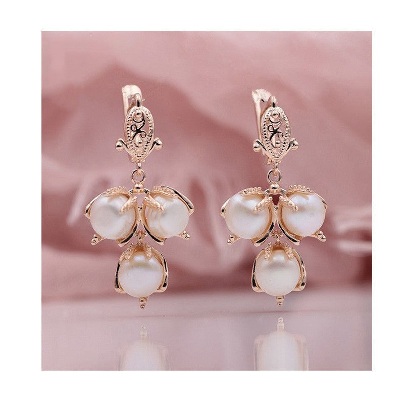 Ladies Flame Rose Gold Shell Pearl Earrings-Jewearrings