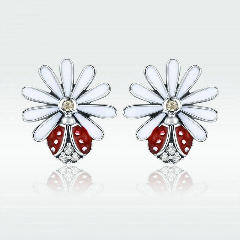 Ladybug Earrings Sterling Silver Flower-Jewearrings