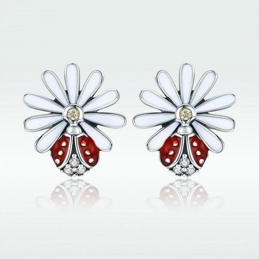 Ladybug Earrings Sterling Silver Flower-Jewearrings