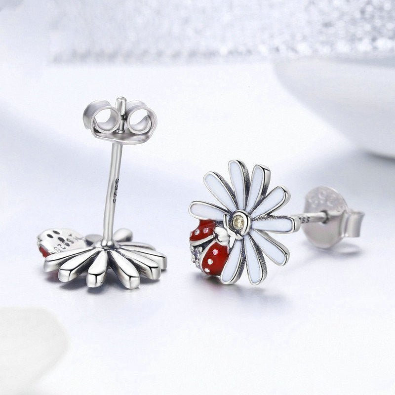 Ladybug Earrings Sterling Silver Flower-Jewearrings