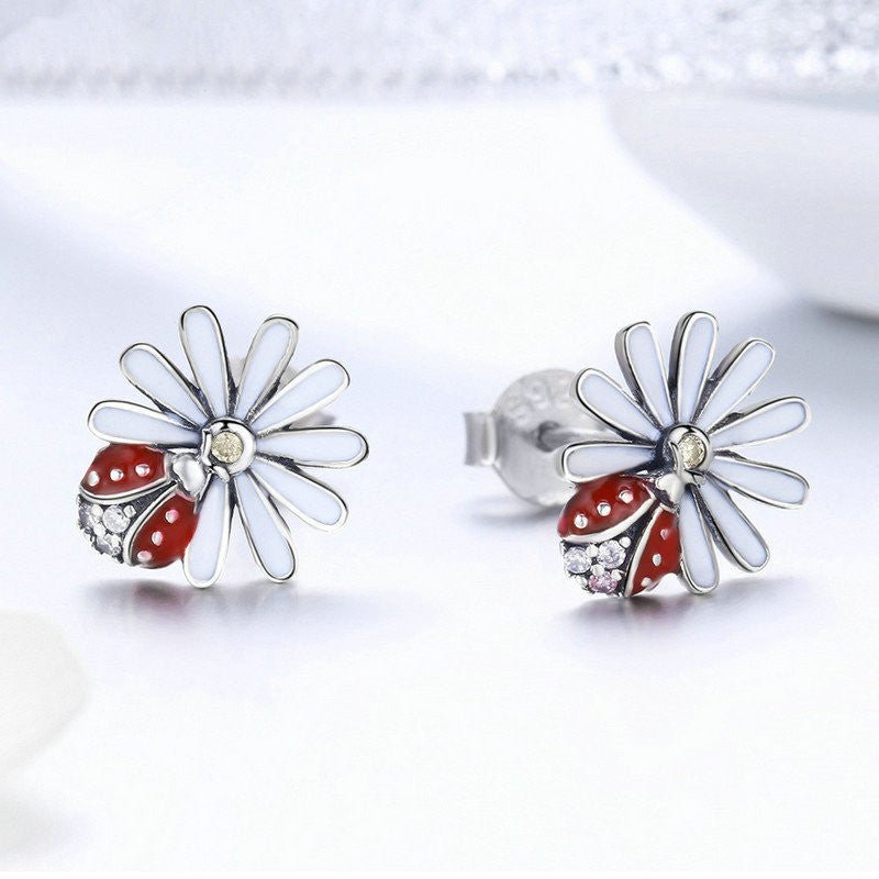 Ladybug Earrings Sterling Silver Flower-Jewearrings