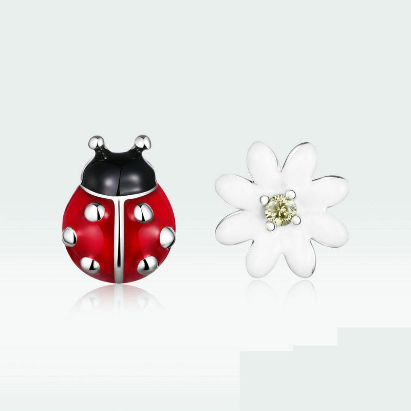 Ladybug Earrings Sterling Silver White Flower-Jewearrings