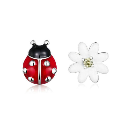 Ladybug Earrings Sterling Silver White Flower-Jewearrings