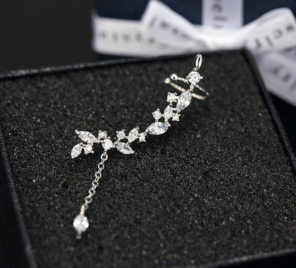 Leaf Tassel Ear Clip Diamond Stud Earrings-Jewearrings