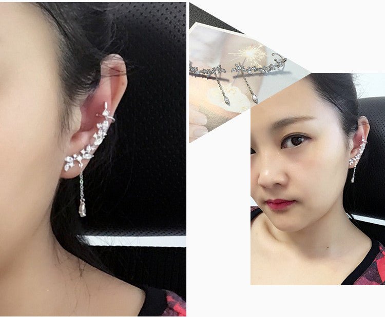 Leaf Tassel Ear Clip Diamond Stud Earrings-Jewearrings