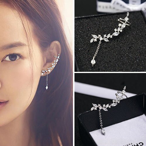 Leaf Tassel Ear Clip Diamond Stud Earrings-Jewearrings