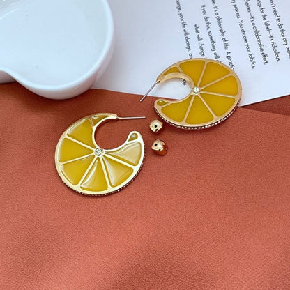 Lemon Fruit Resin Diamond Gold Plated C Earrings-Jewearrings