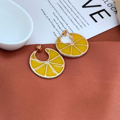 Lemon Fruit Resin Diamond Gold Plated C Earrings-Jewearrings