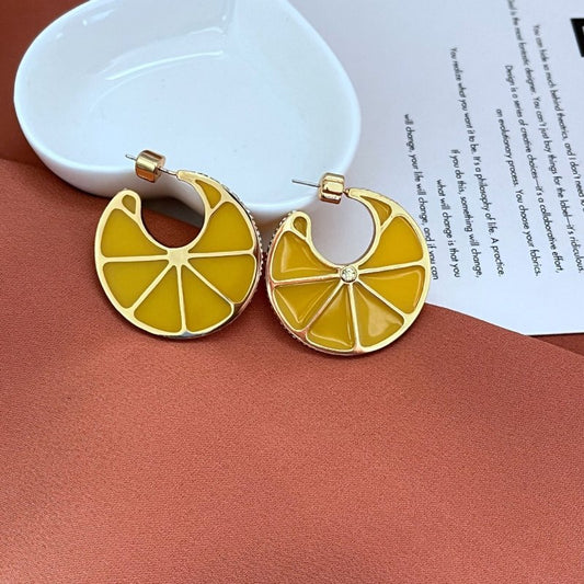 Lemon Fruit Resin Diamond Gold Plated C Earrings-Jewearrings