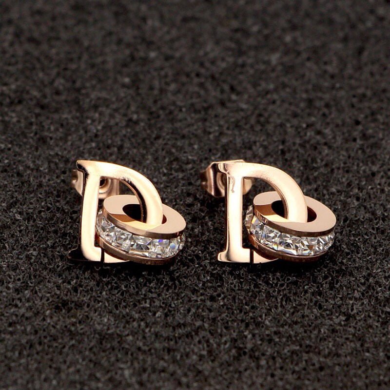 Letter Square Diamond Double Ring Rose Gold Stud Earrings-Jewearrings