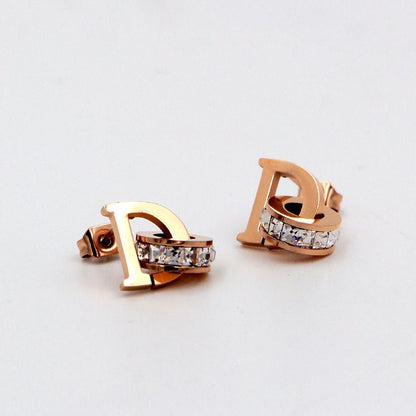 Letter Square Diamond Double Ring Rose Gold Stud Earrings-Jewearrings