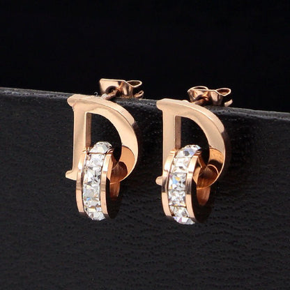 Letter Square Diamond Double Ring Rose Gold Stud Earrings-Jewearrings