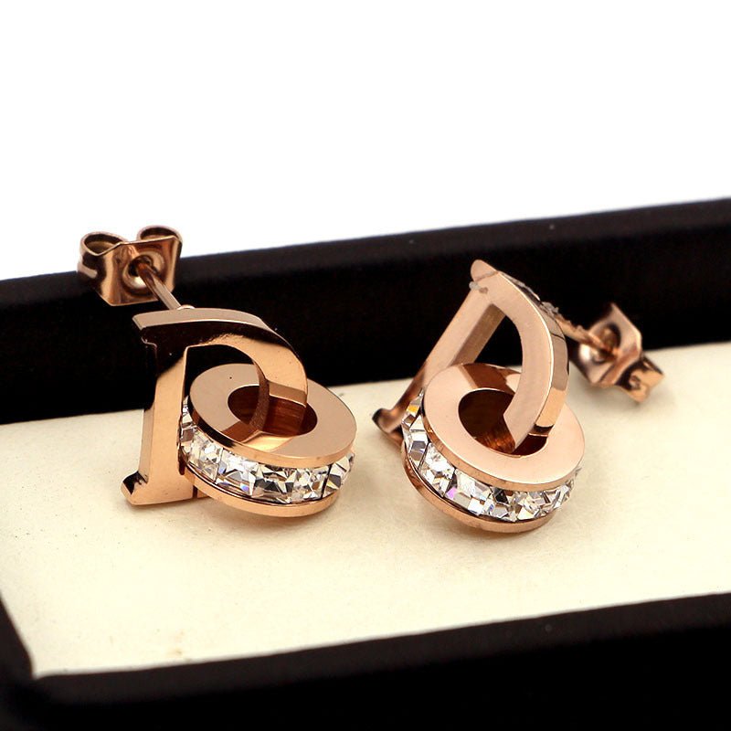 Letter Square Diamond Double Ring Rose Gold Stud Earrings-Jewearrings