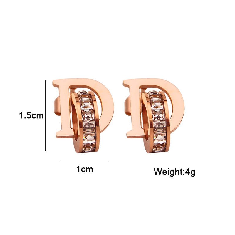 Letter Square Diamond Double Ring Rose Gold Stud Earrings-Jewearrings