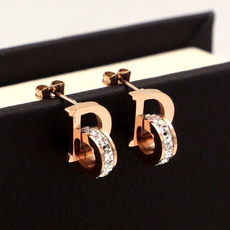 Letter Square Diamond Double Ring Rose Gold Stud Earrings-Jewearrings