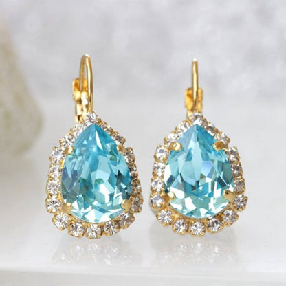 Light Blue Drop Gemstones And White Diamonds Gold Earrings-Jewearrings