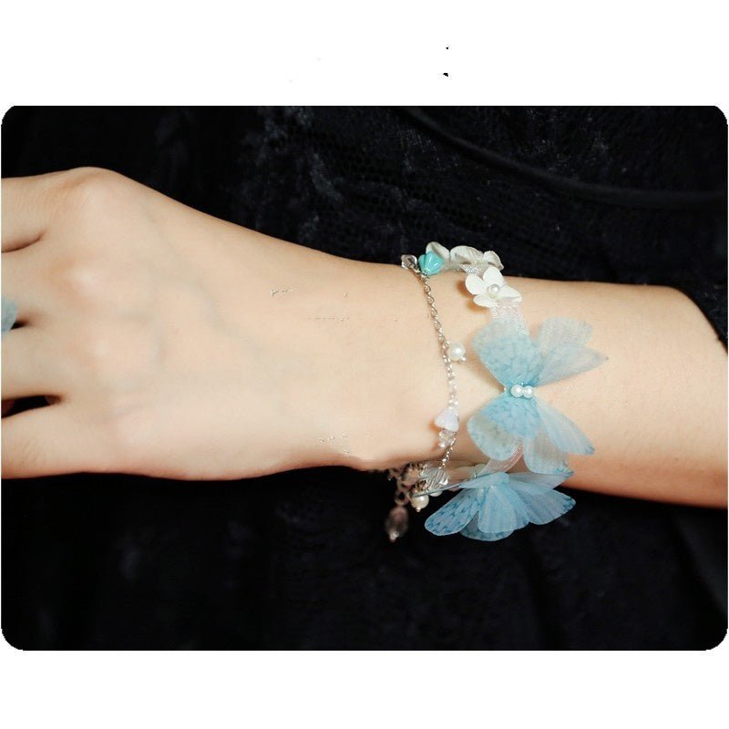 Light Blue Tulle Butterfly Small Flower Necklace Bracelet Earrings Necklace-Jewearrings