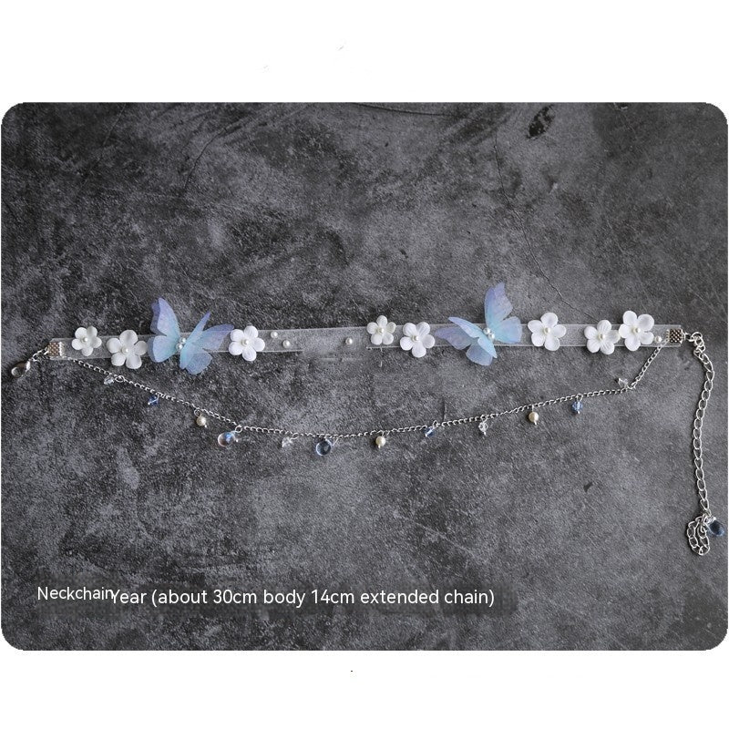 Light Blue Tulle Butterfly Small Flower Necklace Bracelet Earrings Necklace-Jewearrings