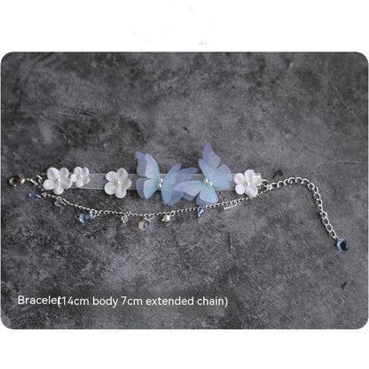 Light Blue Tulle Butterfly Small Flower Necklace Bracelet Earrings Necklace-Jewearrings