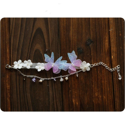 Light Blue Tulle Butterfly Small Flower Necklace Bracelet Earrings Necklace-Jewearrings