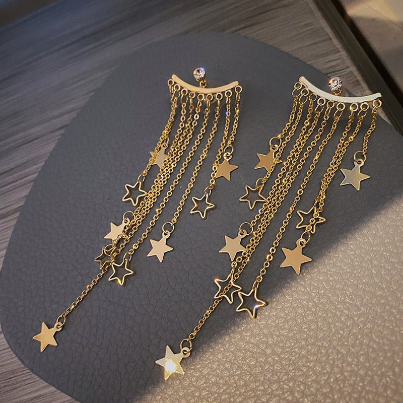 Light Luxury Temperament Exaggerated Long Star Tassel Earrings Korean Net Red Temperament Exaggerated Large Earrings Female 925 Silver Needle-Jewearrings