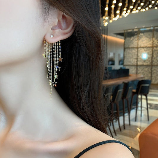 Light Luxury Temperament Exaggerated Long Star Tassel Earrings Korean Net Red Temperament Exaggerated Large Earrings Female 925 Silver Needle-Jewearrings