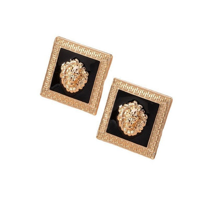 Lion Head Metal Big Lobed Geometric Enamel Square Exaggerated Punk Earrings-Jewearrings